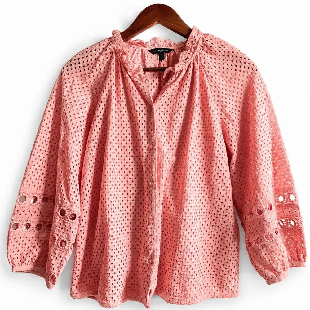 Banana Republic Eyelet Lace Blouse Medium Coral Pink Boho Ruffle Puff Sleeve